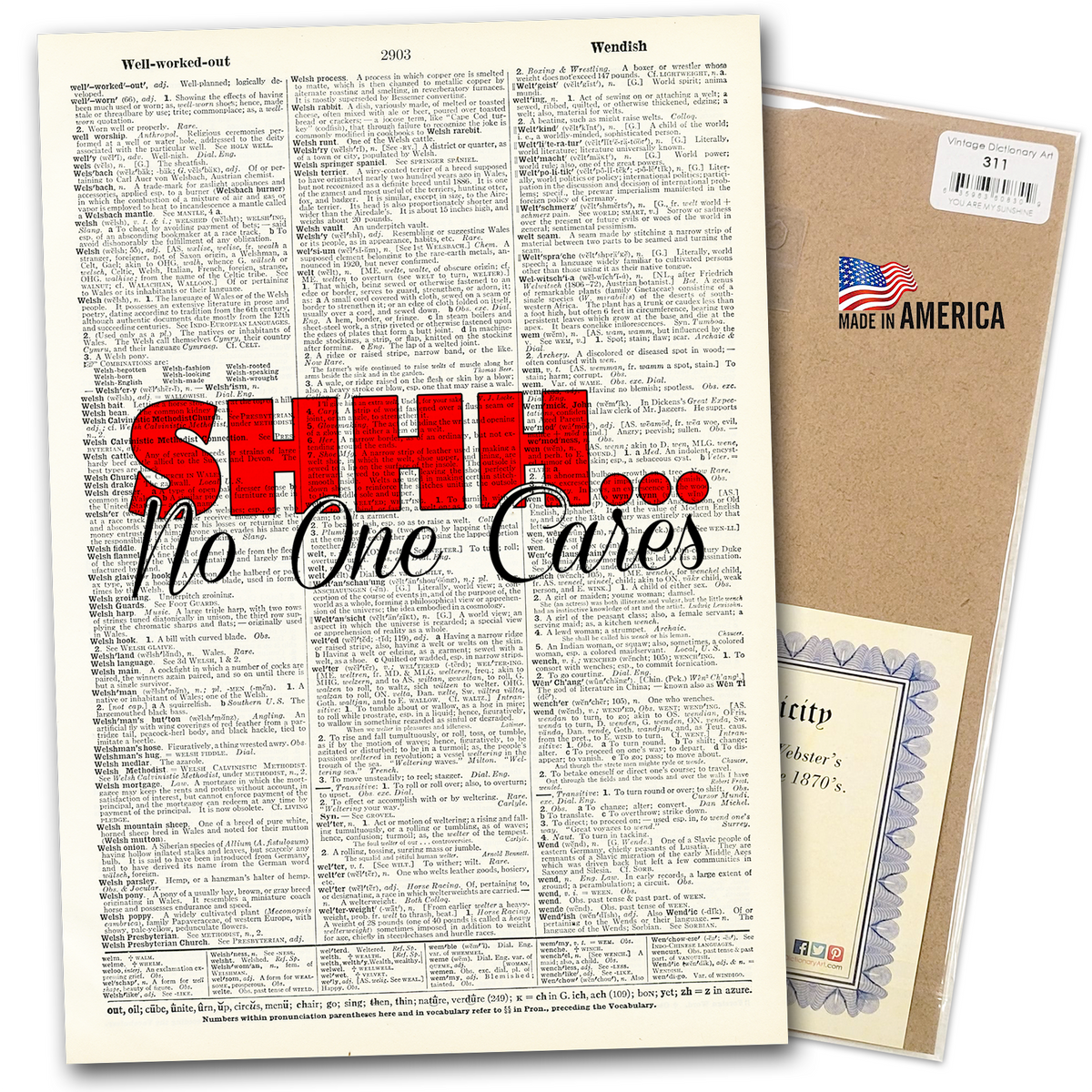 Art Print | Dictionary Page | Vintage | Shh No One Cares