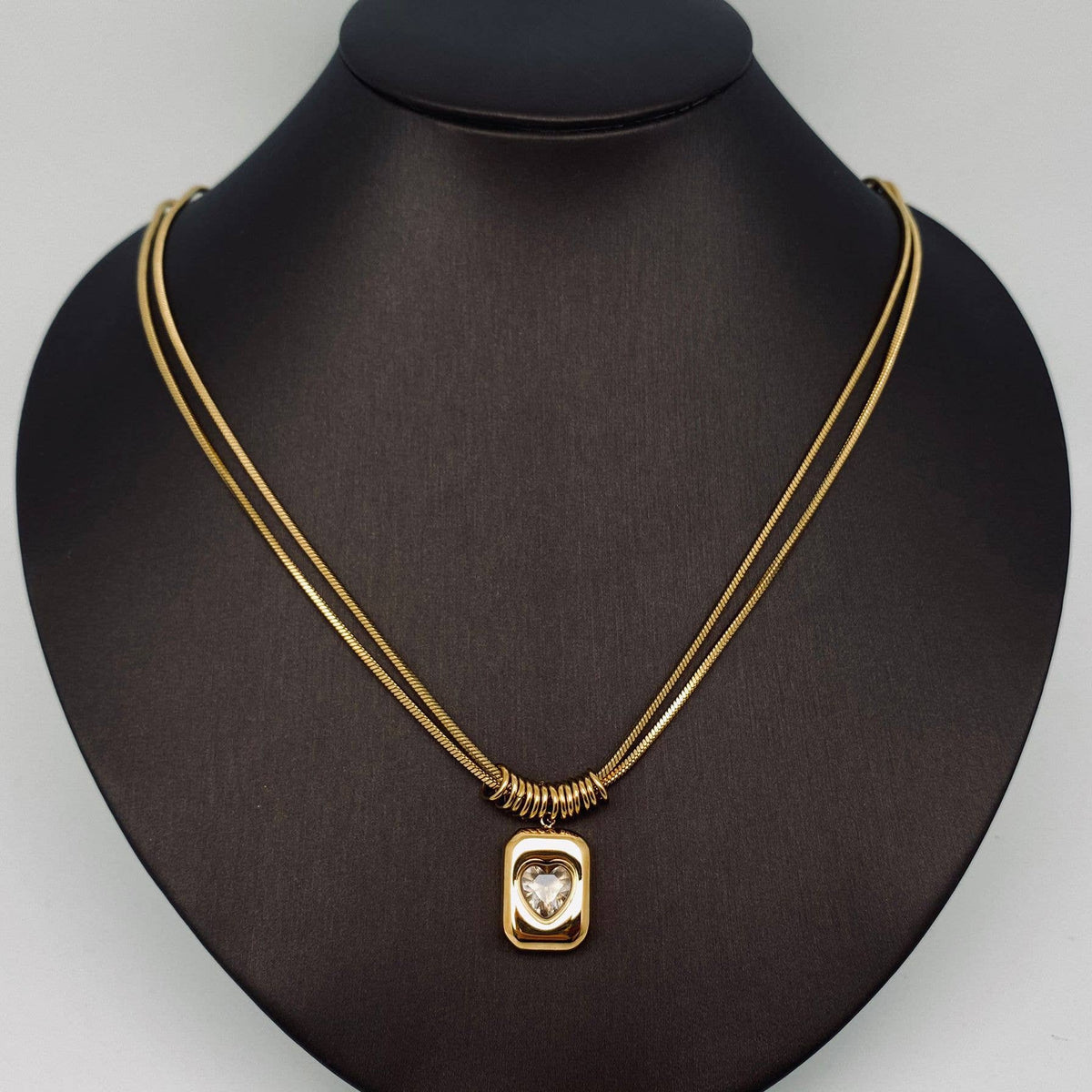 Heart Shape Gemstone 18K Gold Plated Double Chain Necklace