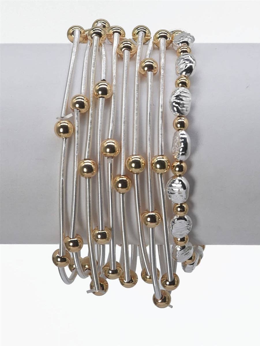 Set of 10 Silver Wired Stretch Bracelets with Gold Beaded Accents