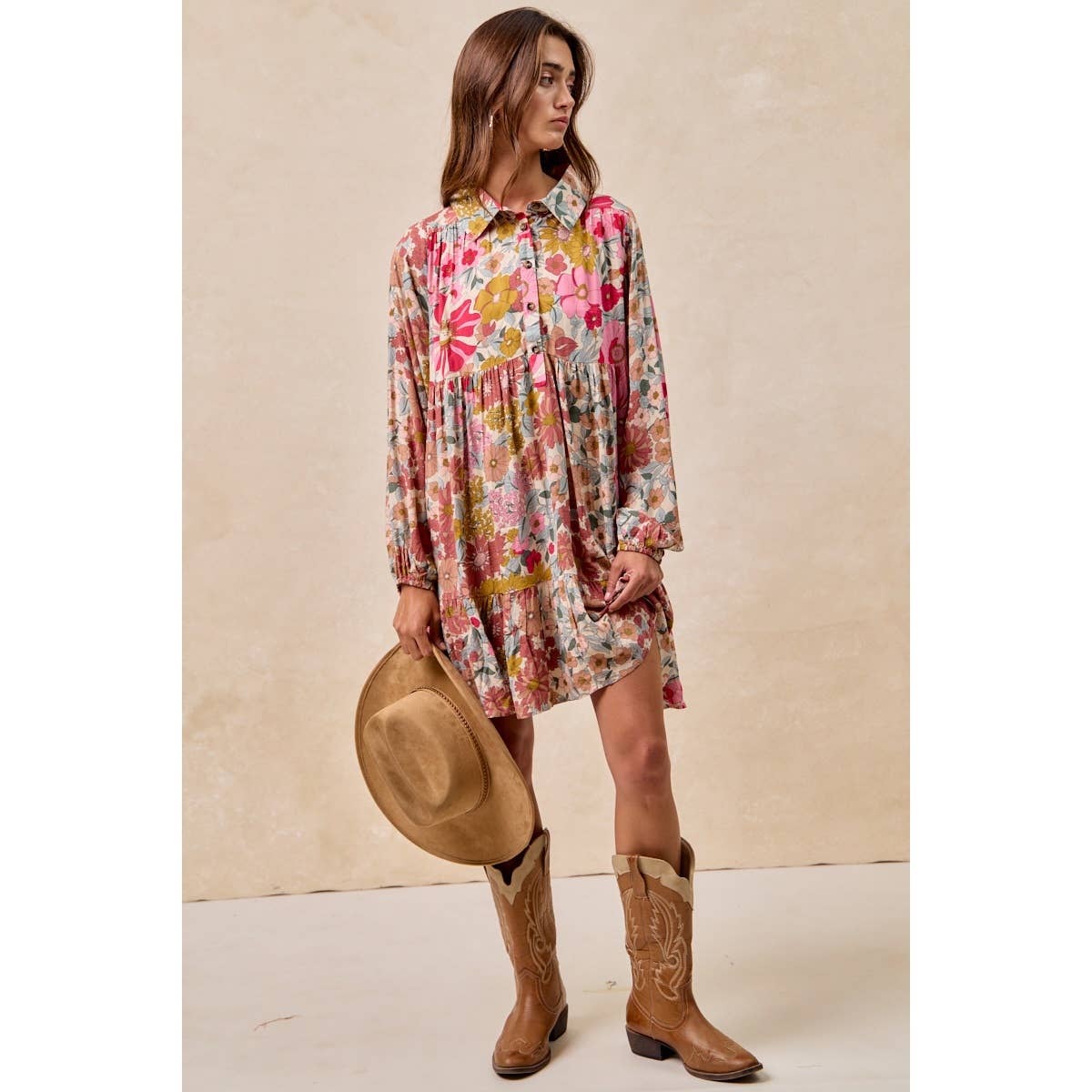 FLORAL PRINT SHIRRING BUTTONED TIERED SHIRT DRESS