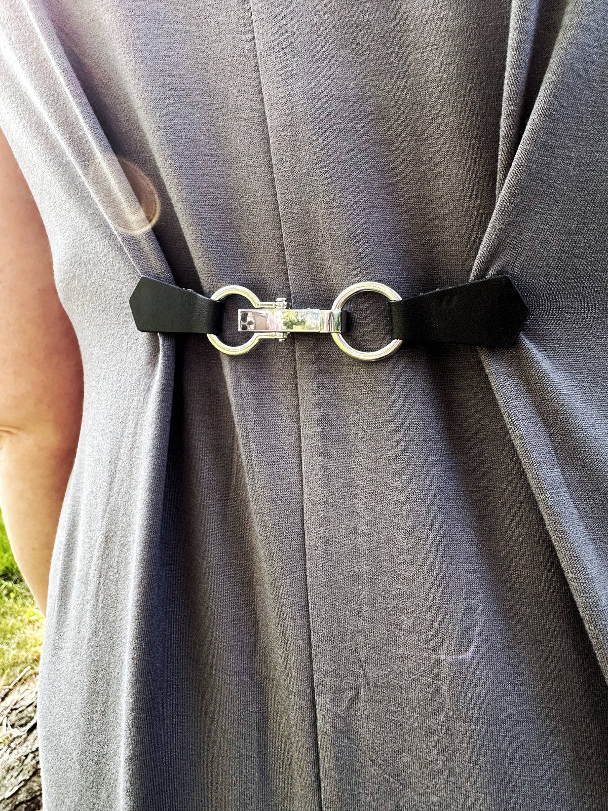 Silver Buckle &amp; Black Leather Cinch Clip for Dress, Cardigan