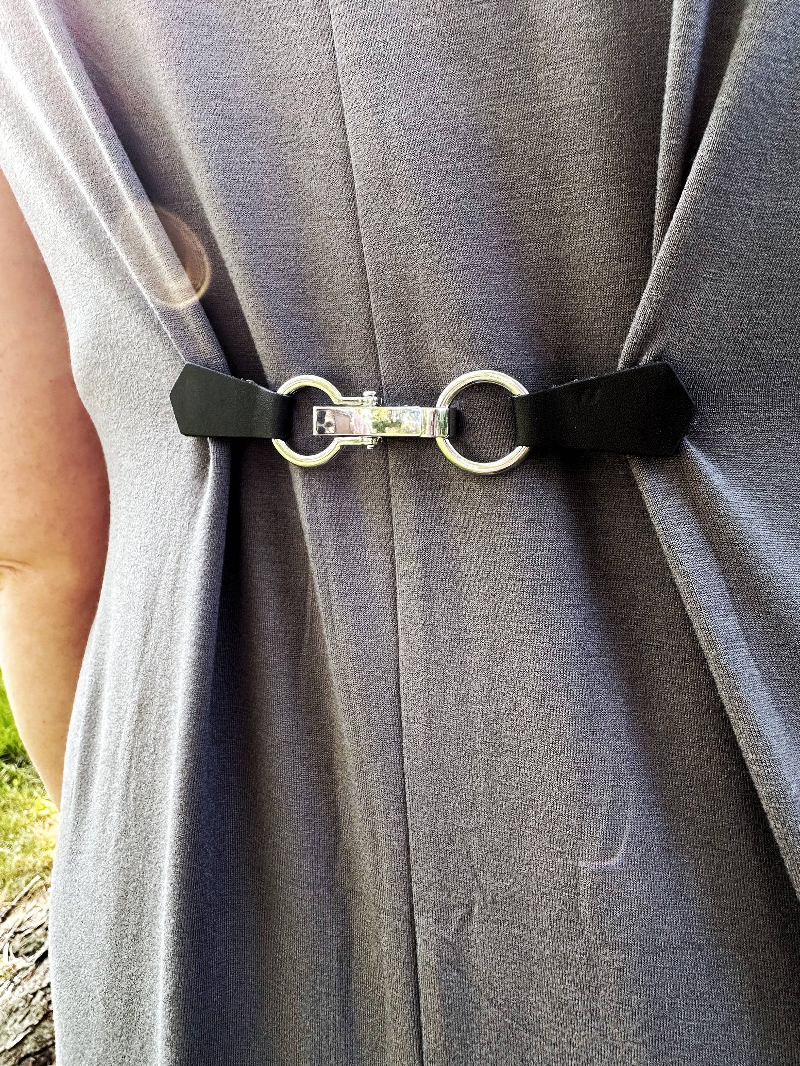 Silver Buckle & Black Leather Cinch Clip for Dress, Cardigan