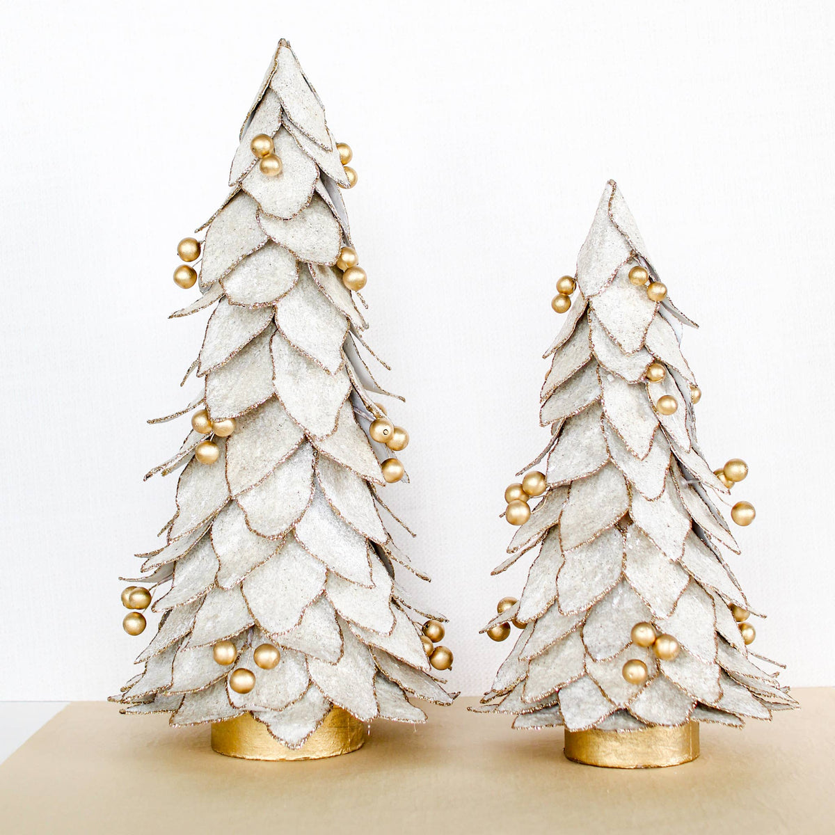 Flocked Kraft Leaf Tree w/Gold Beads (Ecru/Gold): 14"  STUNNING