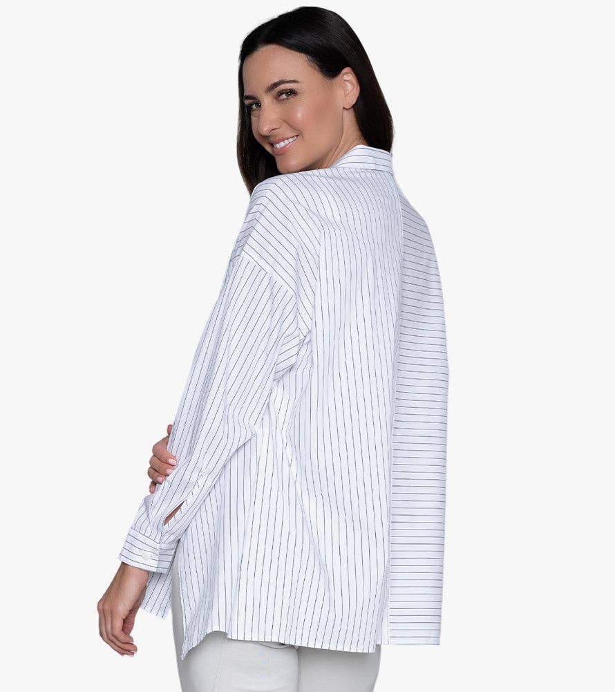 Women's Oversized Stripe Button-Front Top Attitude Shirt: L/XL / BLACK YARN DYE STRIPE