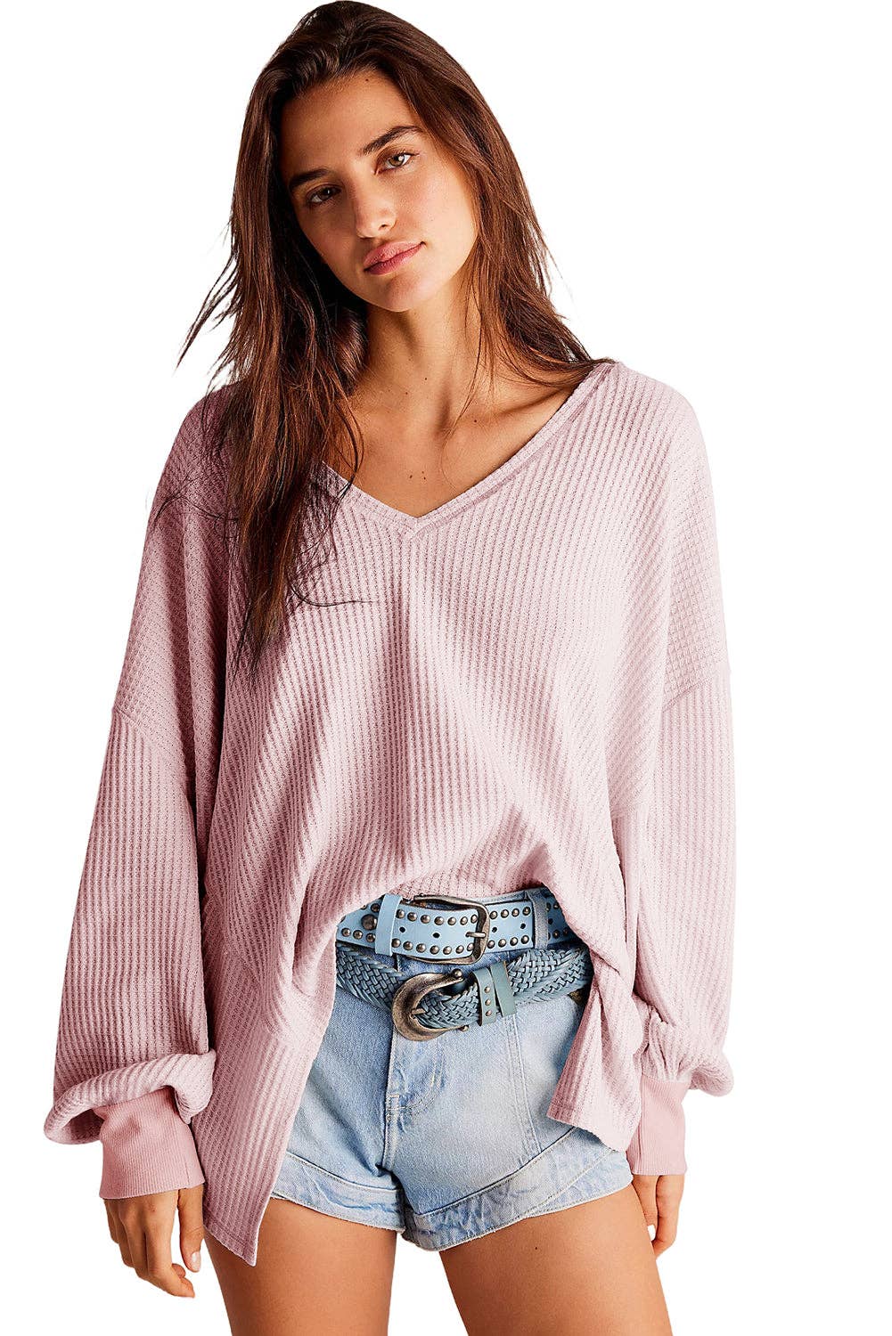 V Neck Long Sleeve Drop Shoulder Loose Blouse: Light Pink