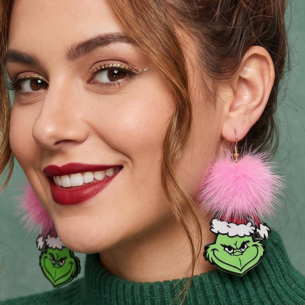 Pom Pom Christmas Grinch Link Drop Earrings