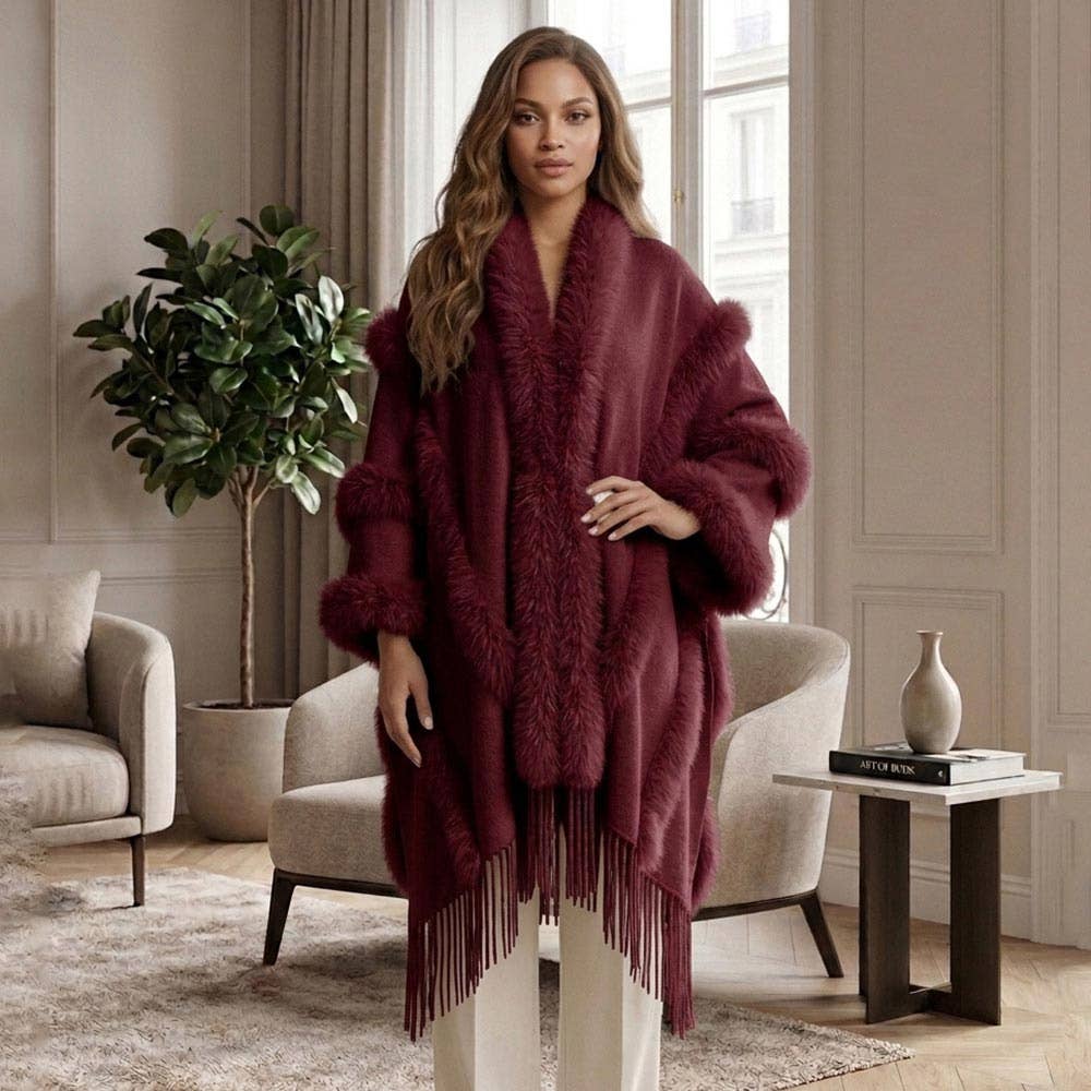 Faux Fur Trim Fringe Open Front Long Cape Coat Poncho