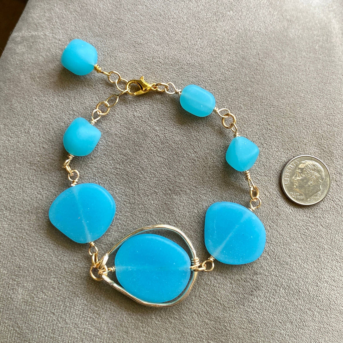 Gold Hammered Frame Bracelet Blue Frosted Glass Matte