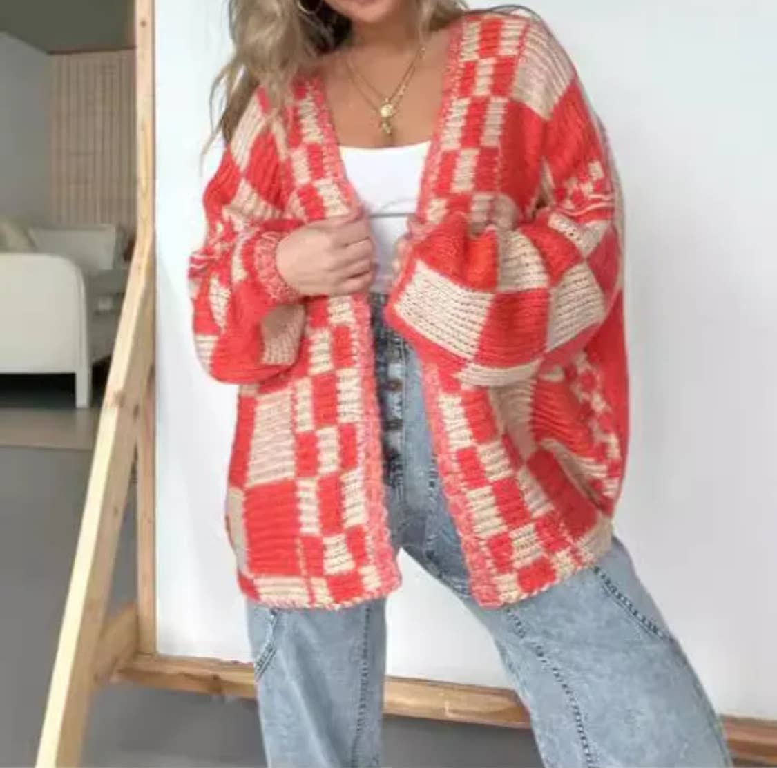 Checkered Knit Cardigan