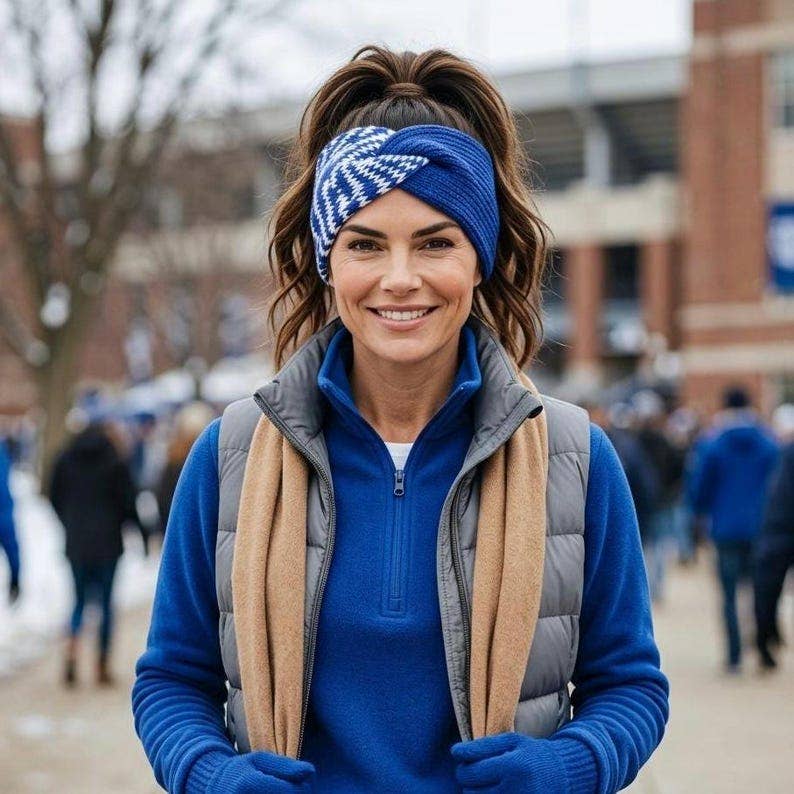 Royal Blue &amp; White Game Day Knit Headband, handmade in USA