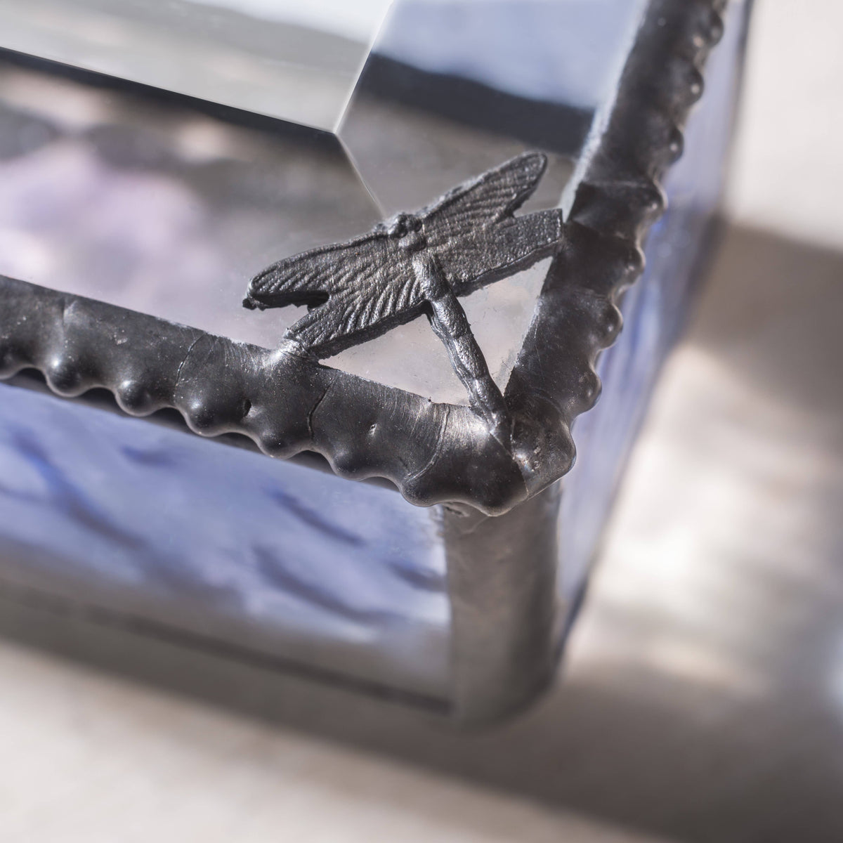 Blue Glass Box with Dragonfly Filigree