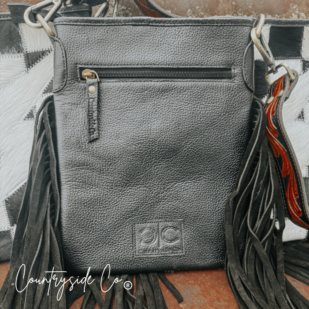 Grit &amp; Glam Checkered Cowhide Purse, Tooled Leather Strap