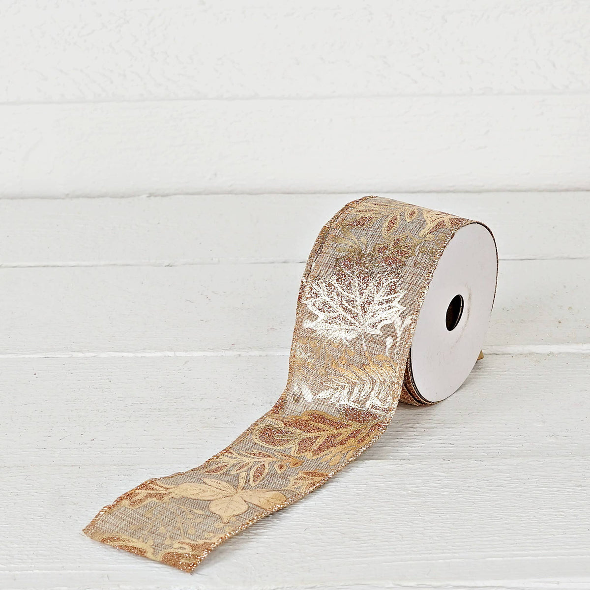 Wired Ribbon-Burlap-Metallic golden leaves (2.5inW)