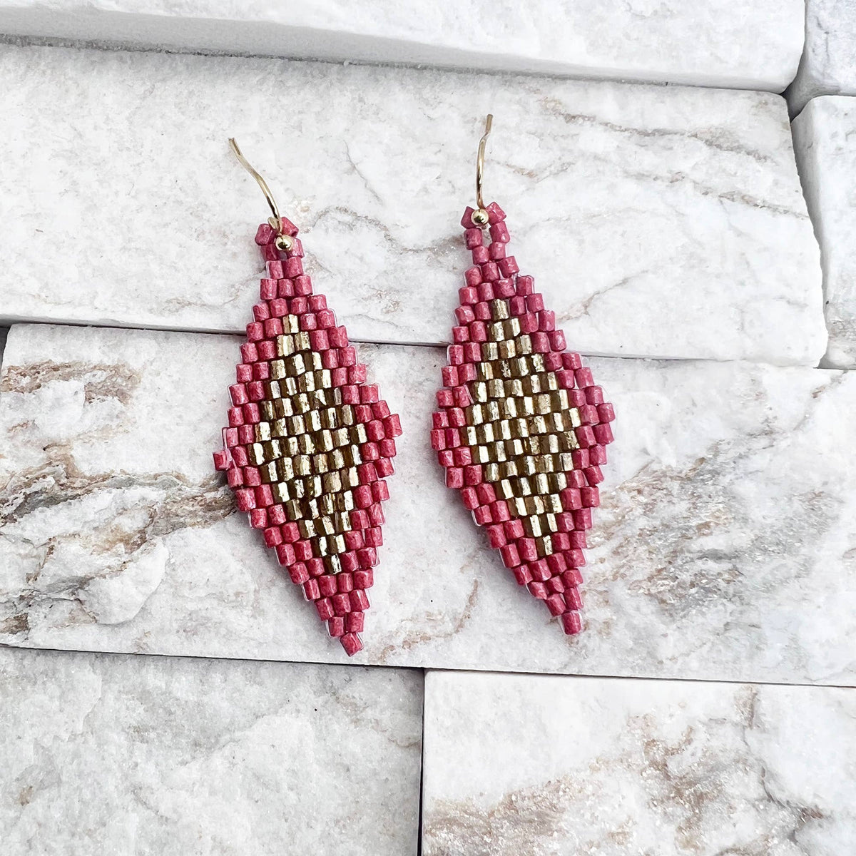 Seed Bead Diamond Shaped Earrings - Multiple Color Styles: Mustard &amp; Gold