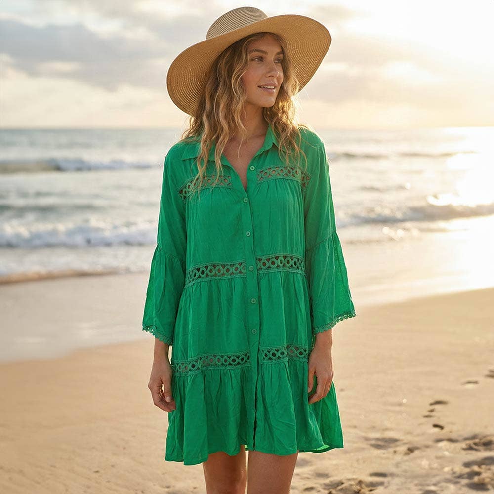 Button Front Lace Trim Beach Shirt Dress