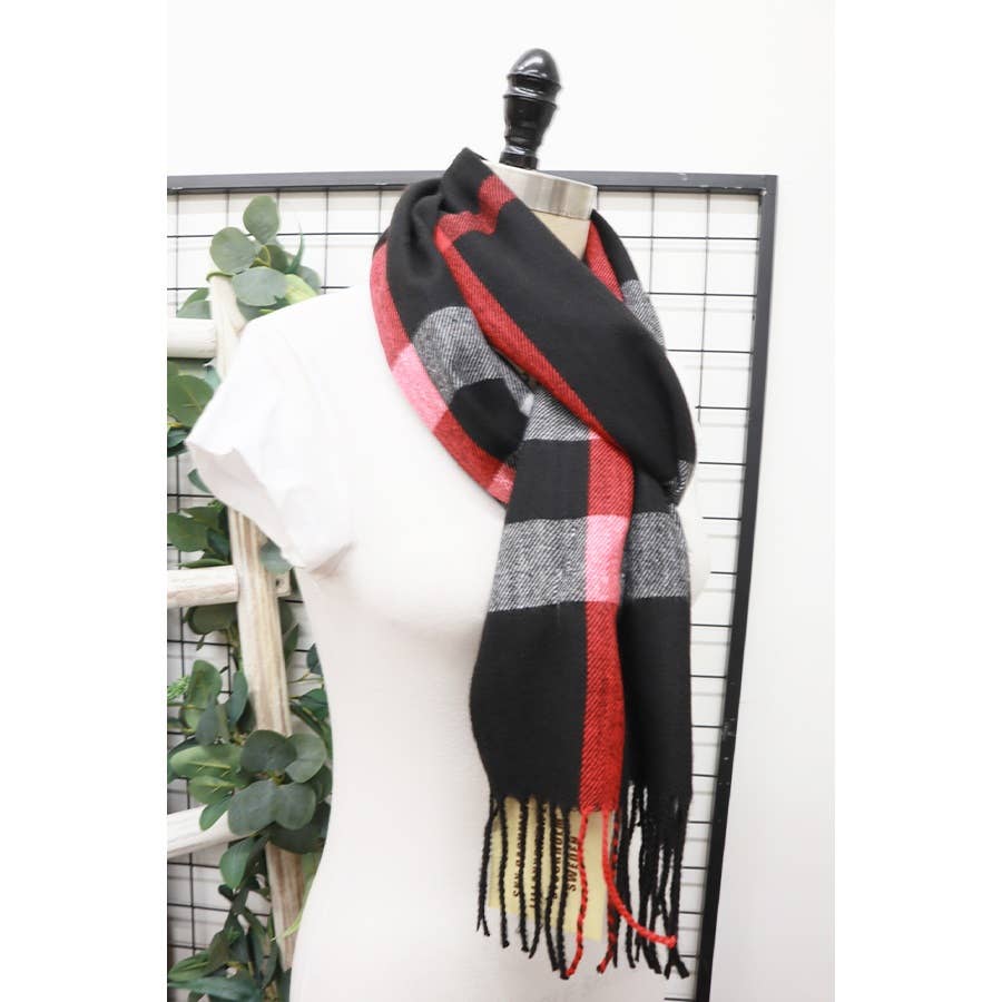 Plaid Cashmere Scarf With Tassel: BLACK