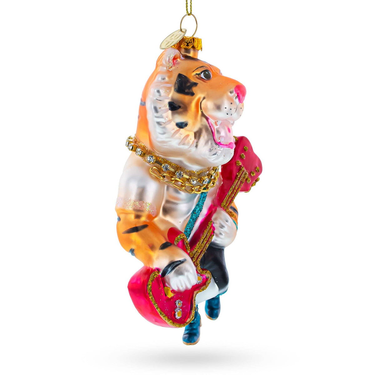 Tiger Playing Bass Guitar Blown Glass Ornament