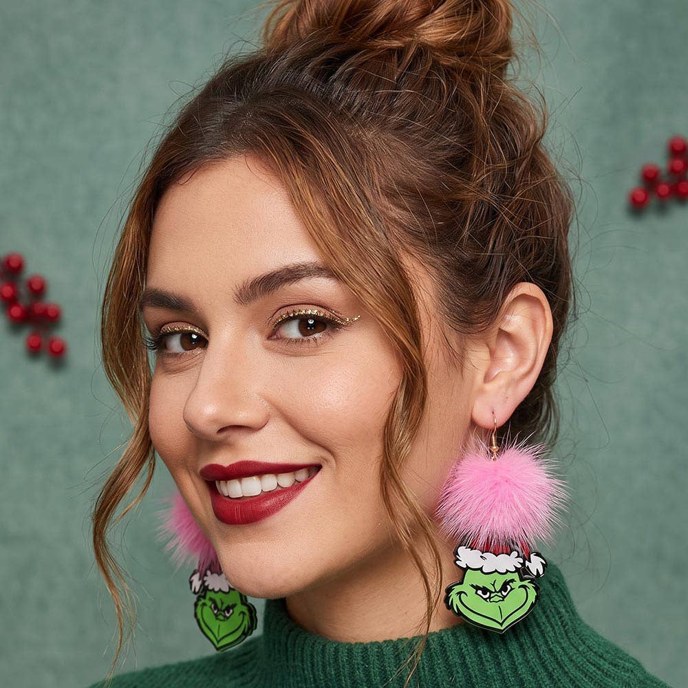 Pom Pom Christmas Grinch Link Drop Earrings
