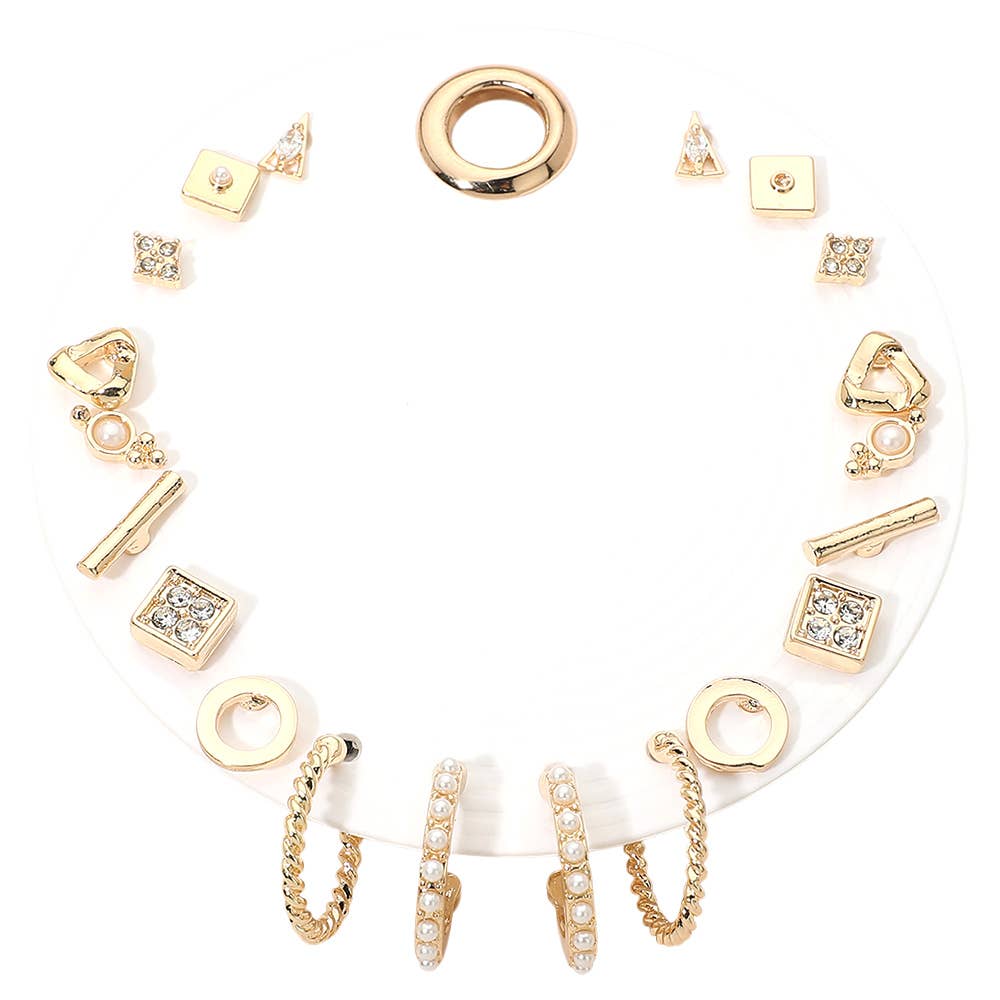 10Pairs - Geometric Crystal Pearl Accent Stud Hoop Earring Set