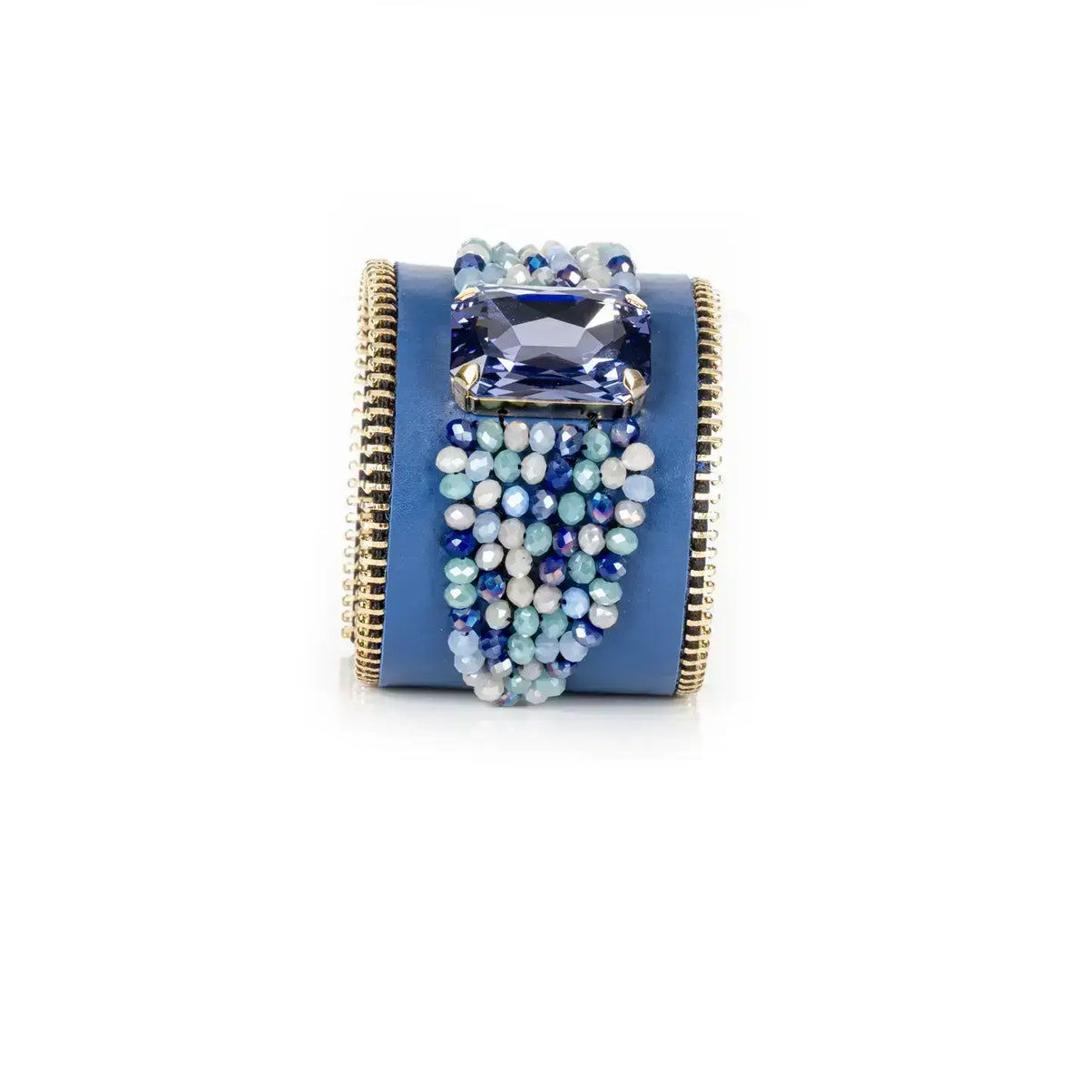 Azure Cascade Cuff Blue Leather Crystal Drop Statement