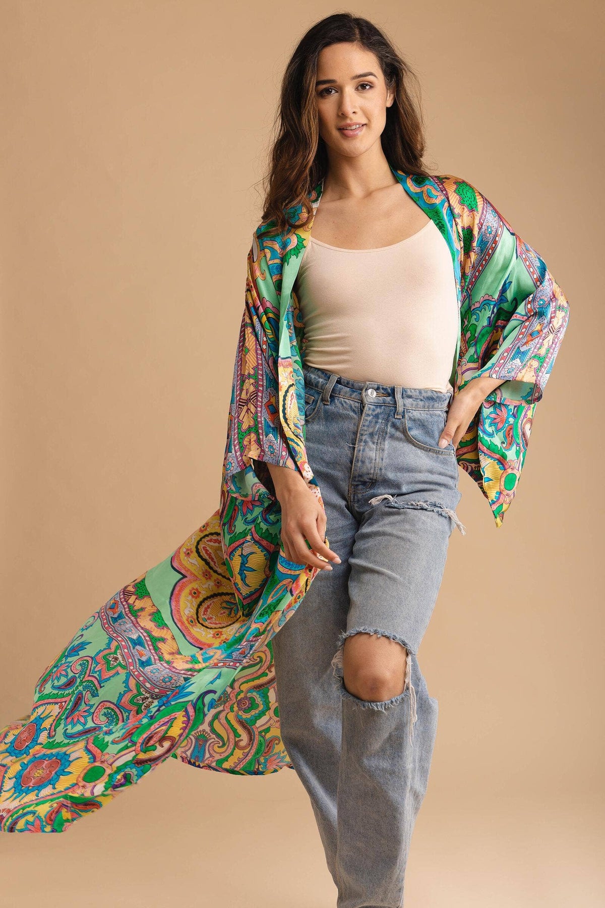 Margo Multi Paisley Print Kimono: Green