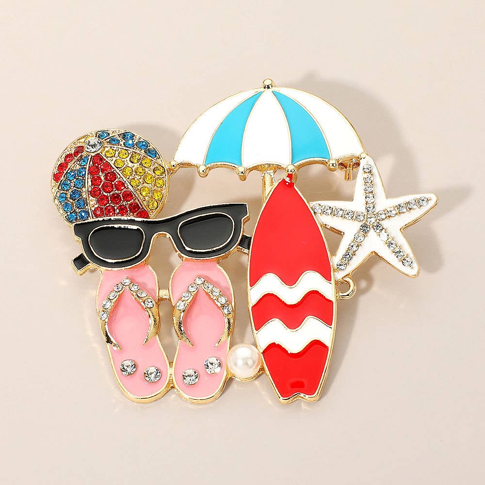 Rhinestone Pave Pearl Enamel Beach Theme Pin Brooch