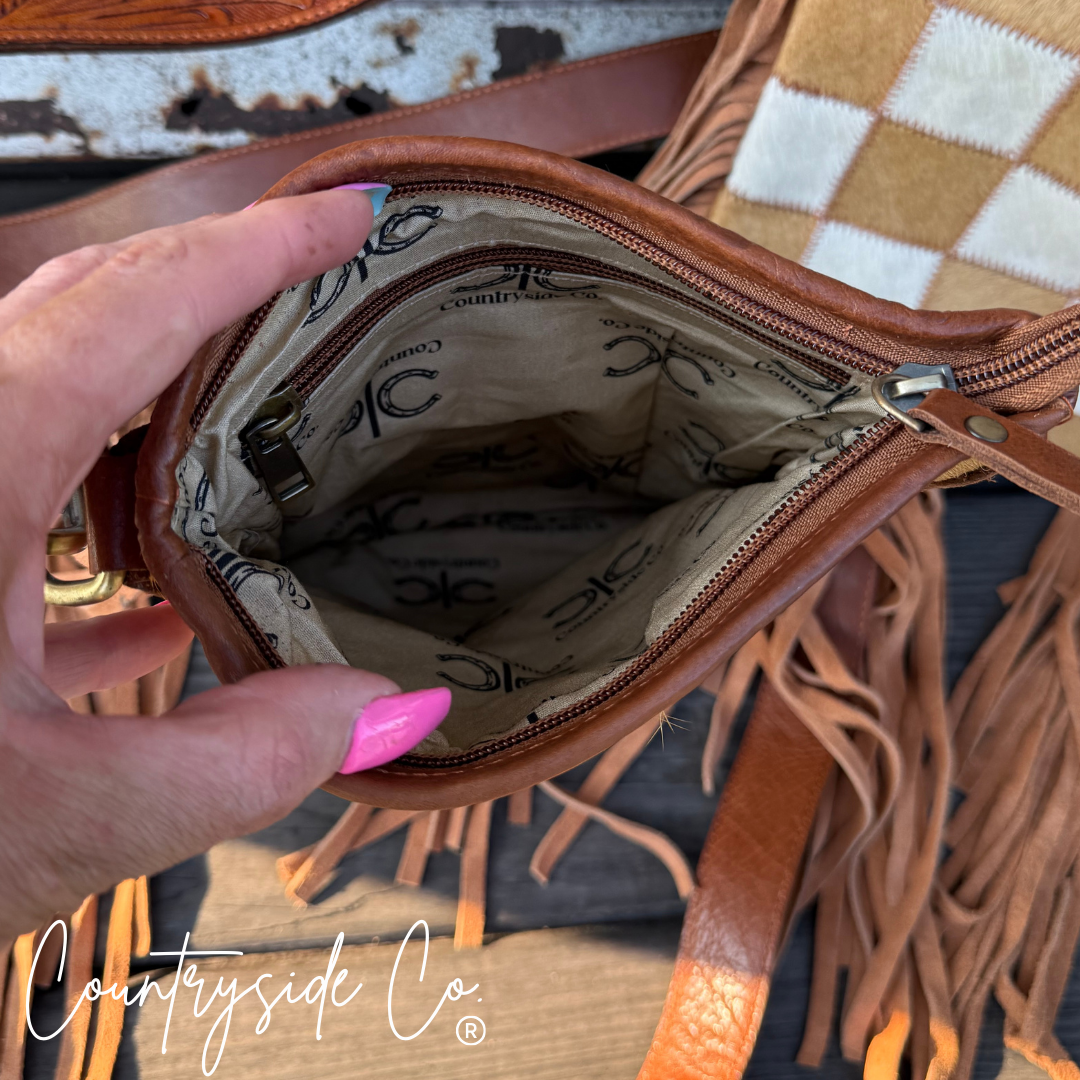Stockdale Checkered Cowhide Fringe Purse, Brown &amp; White