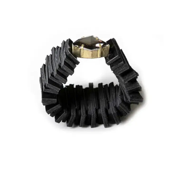 Women’s Black Leather Statement Cuff with Geometric Design