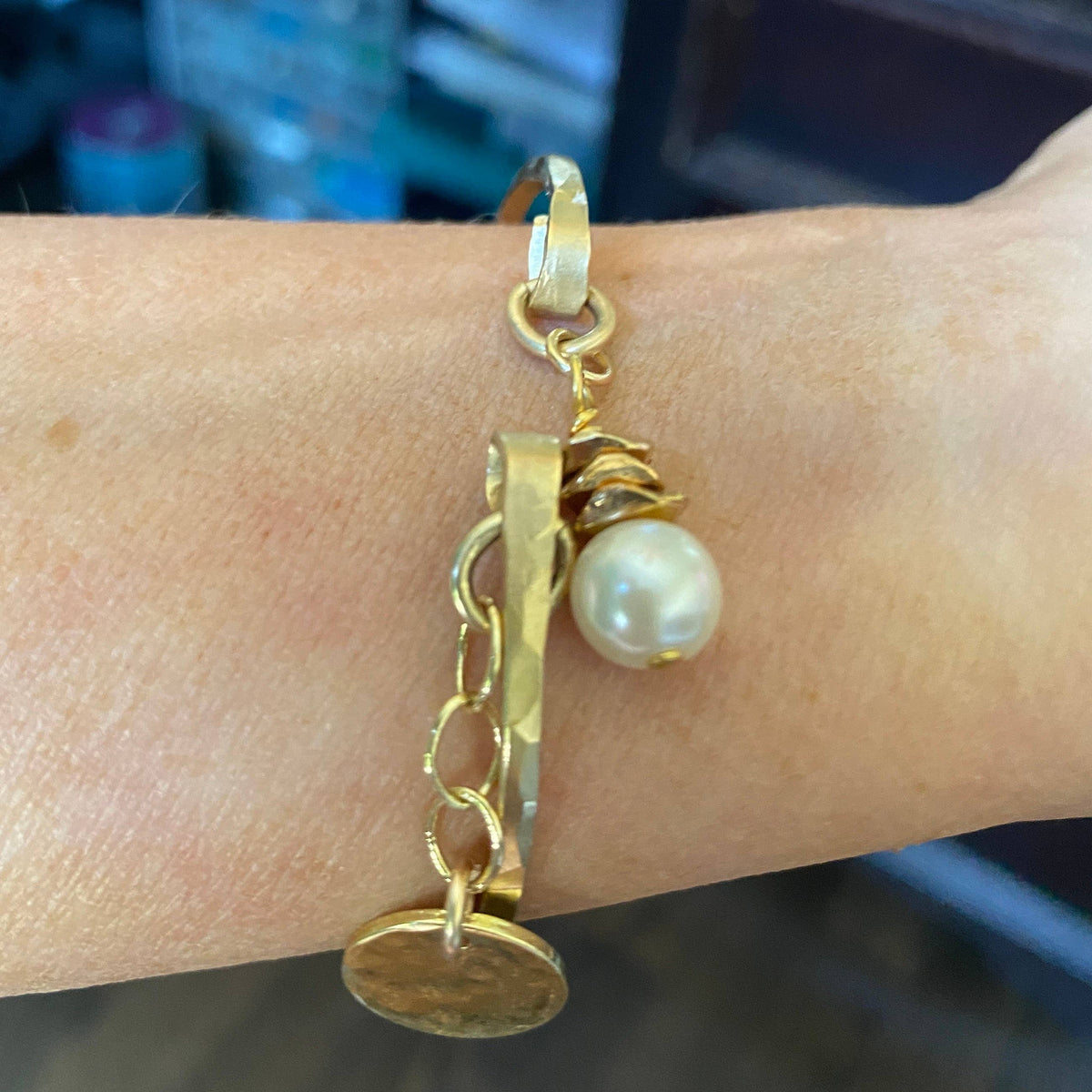 Gold Bangle Cuff Bracelet Hammered Charms Pearl Drop