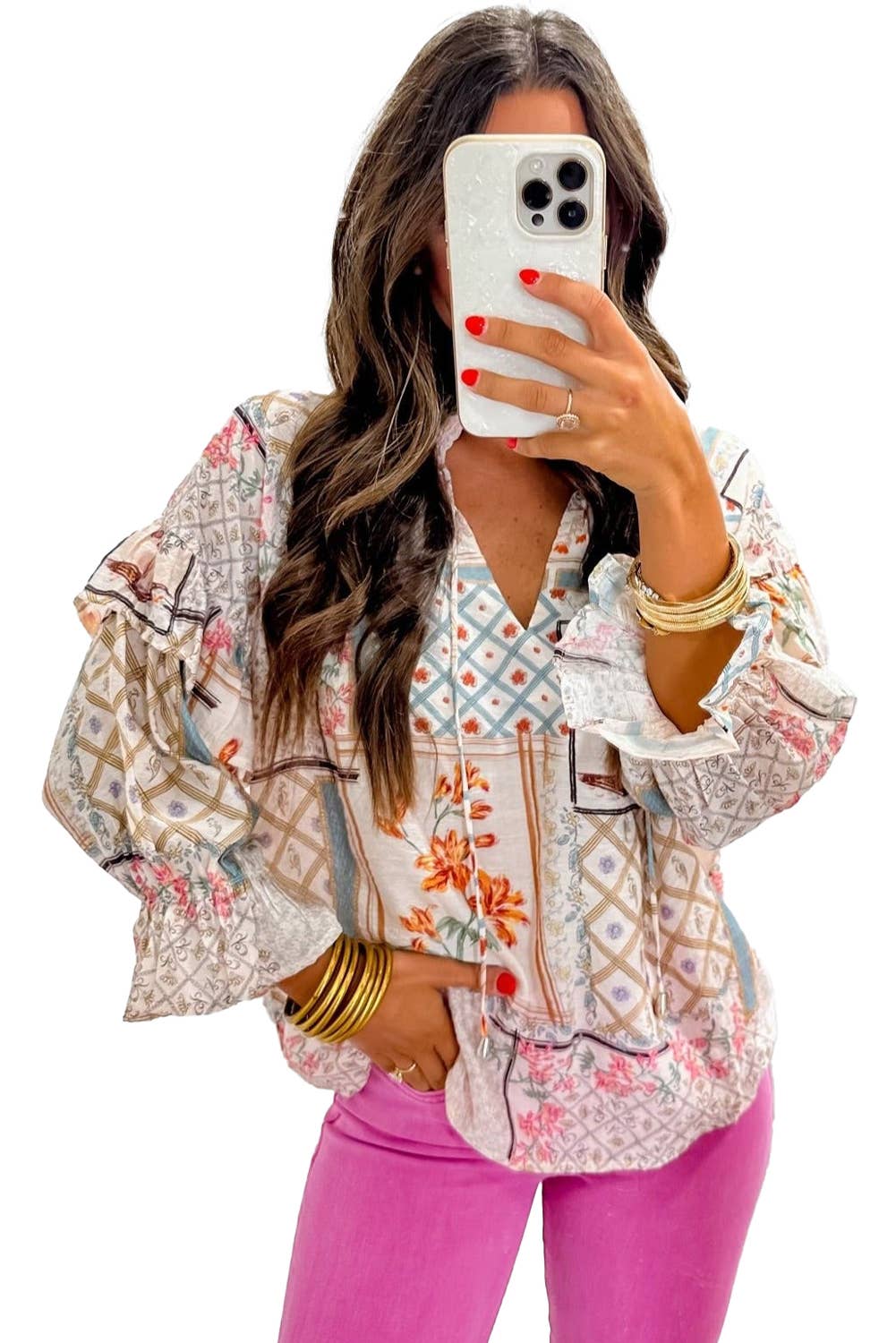 Boho Floral Patched Ruffled Sleeve Tied Neck Blouse