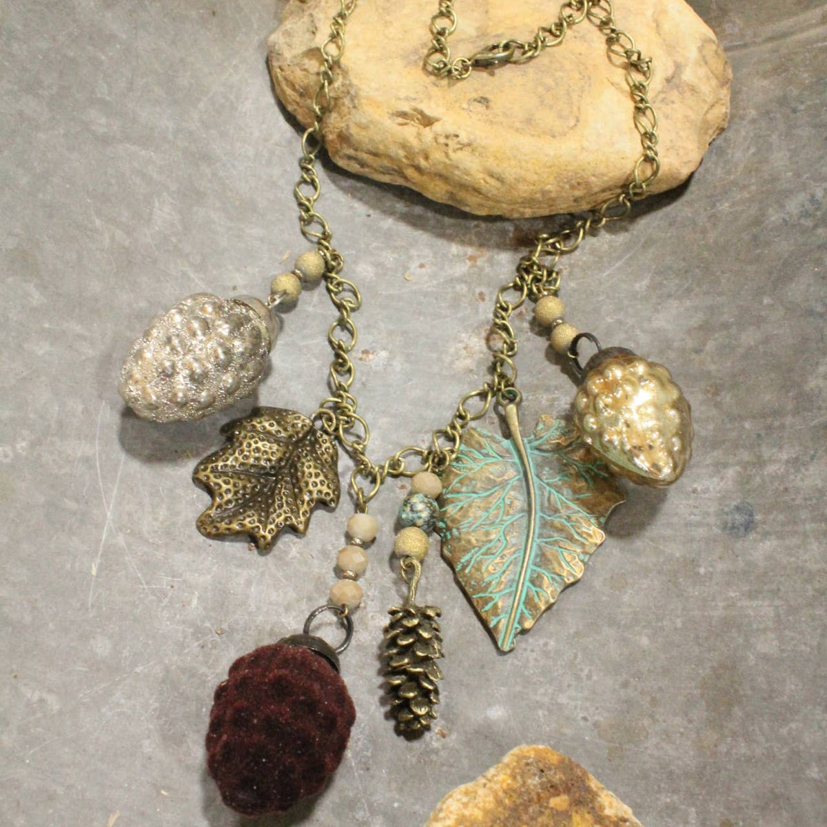 Flock Together Chocolate Pinecone &amp; Leaves Charm&#39;d Necklace