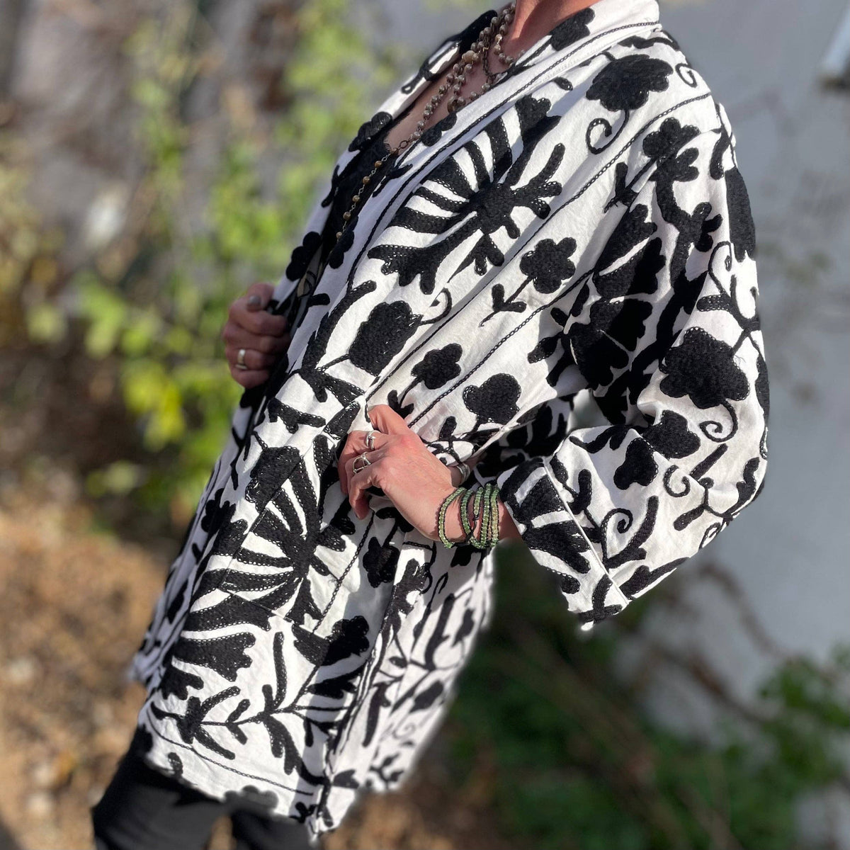 Suzani Hand Embroidered Jacket- Black and White: One size