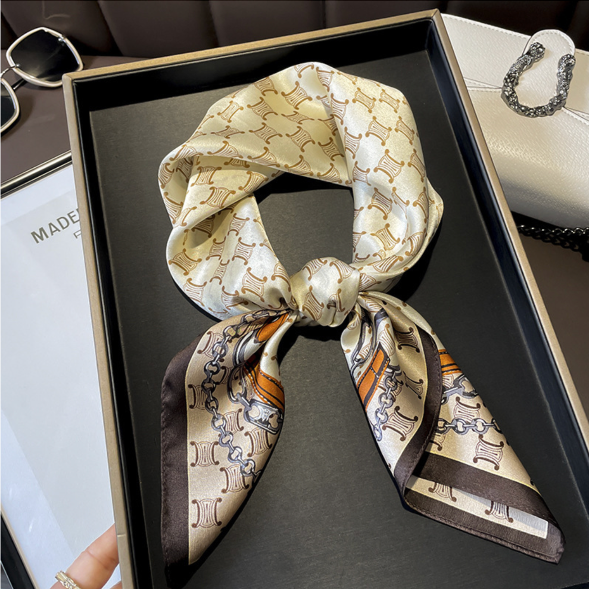 Vintage Print Faux Silk Square Scarf Headscarf Neck Scarf