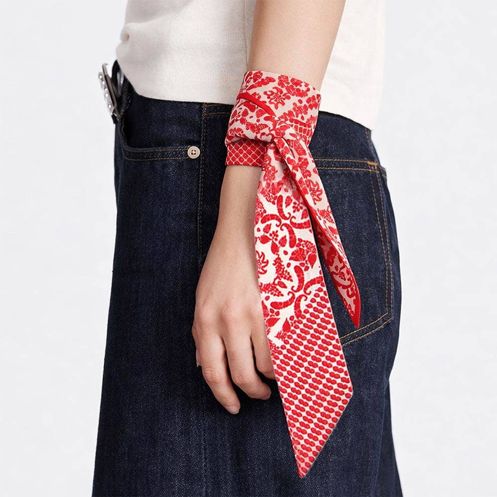 Classic Vintage Floral Motif Print Silk Feel Twilly Skinny Scarf
