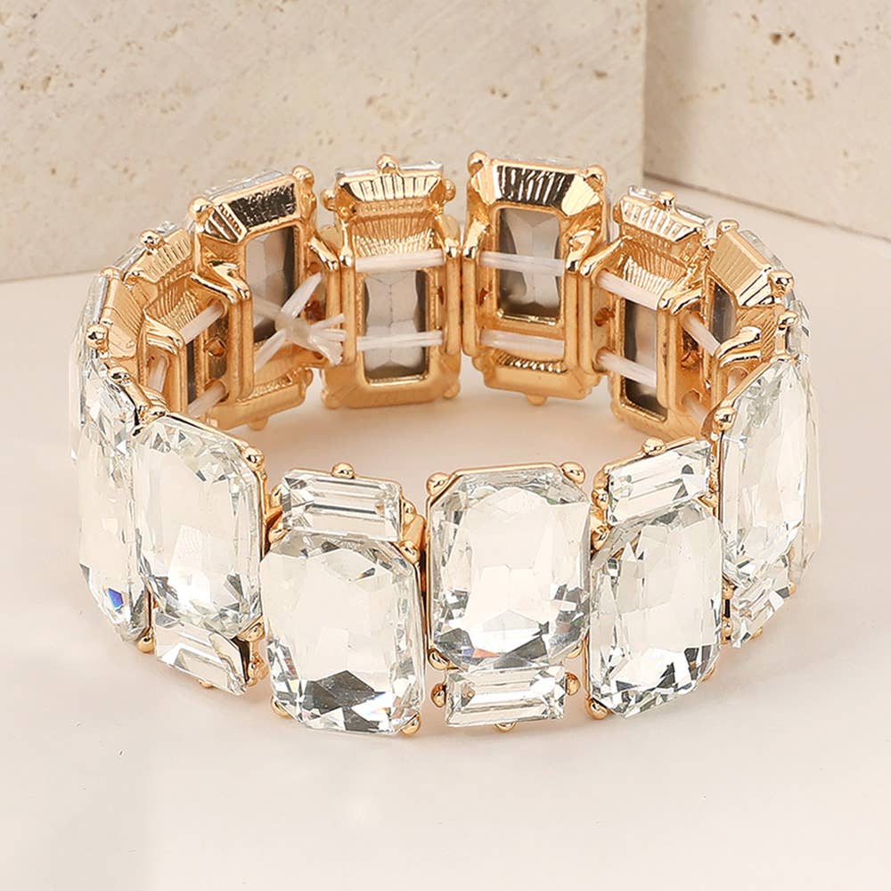 Rectangle Glass Stone Cluster Stretch Evening Bracelet