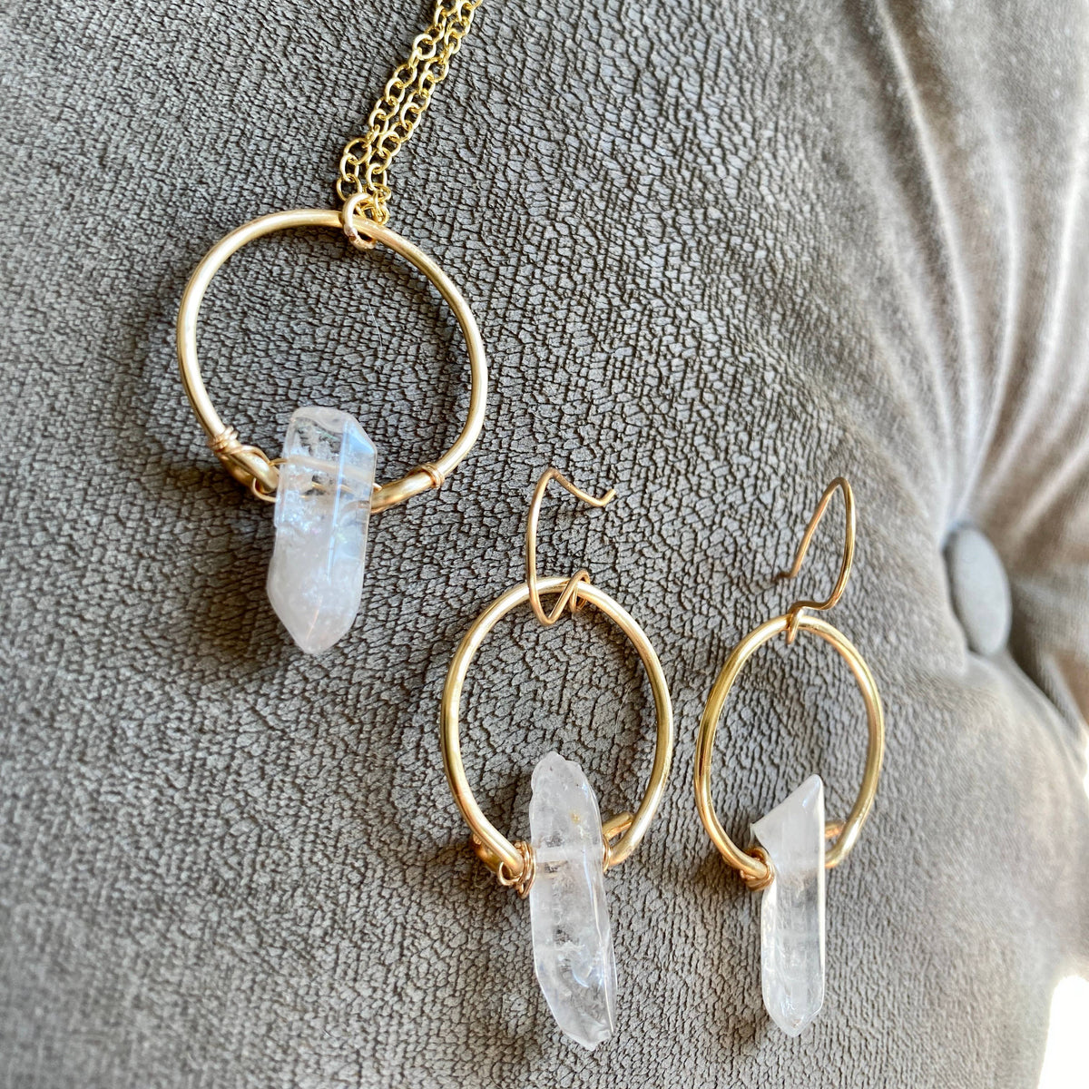 Quartz - Crystal Quartz Hoop Earrings and Necklace Gift Set : Gold Plated