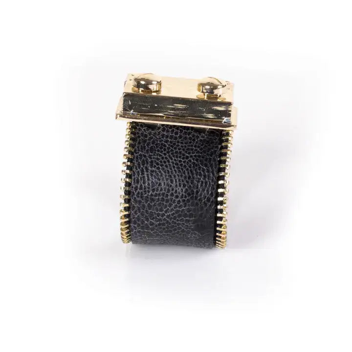 Bold Zip-Edge Leather Cuff Bracelet  Black &amp; Gold Hardware