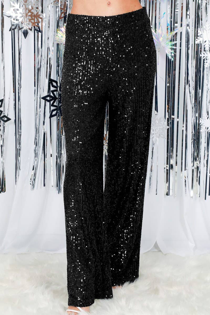 Sequined Straight Wide-Leg Pants Black