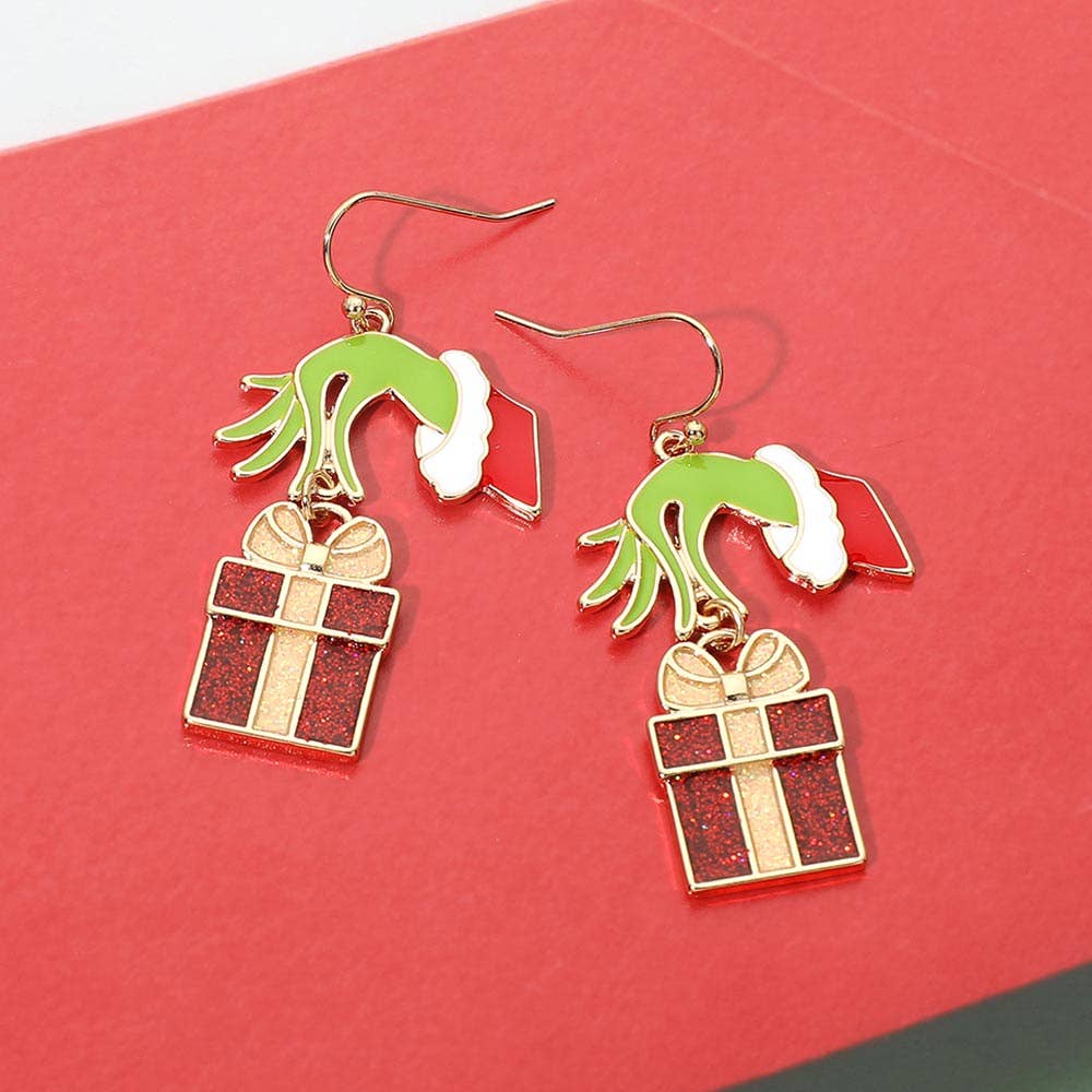 Grinch Holding Christmas Present Box Charm Drop Dangle Earrings
