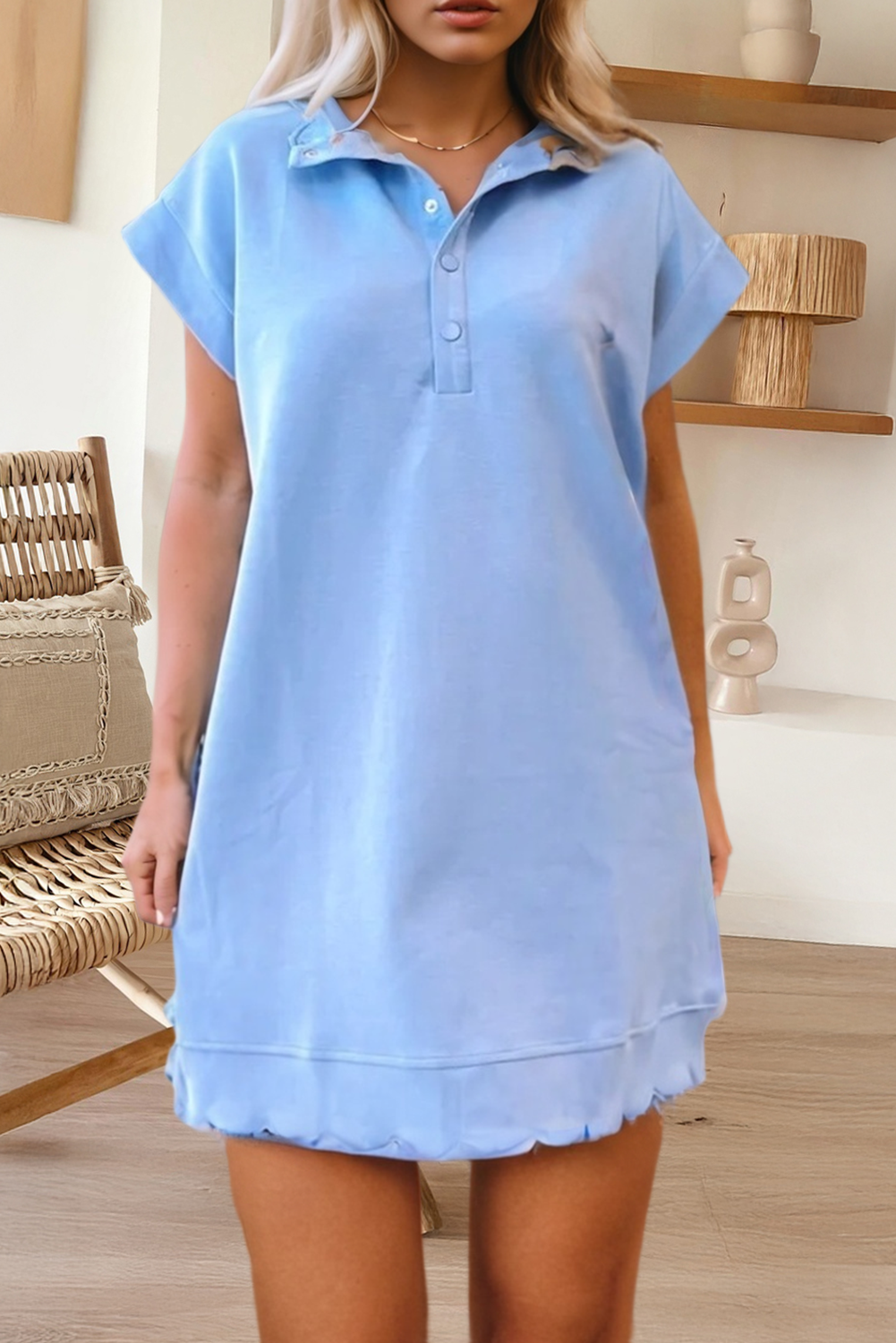 Snap Button Polo Collar Scallop Hem Mini Dress (S-XL)
