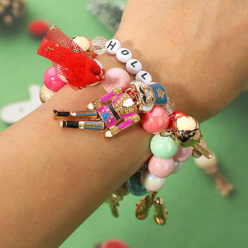 2PCS - HOLLY Nutcracker Holiday Charm Bow Beaded Stretch Multi Layered Bracelets