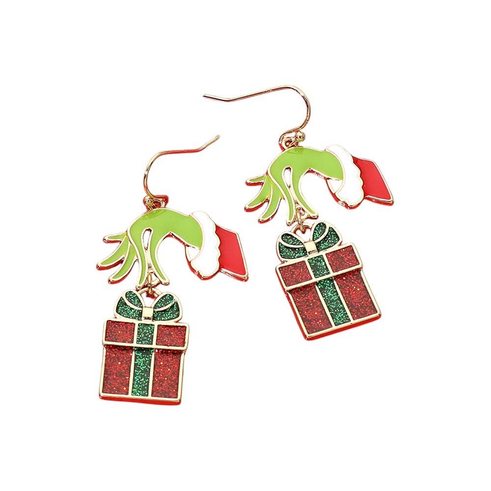 Grinch Holding Christmas Present Box Charm Drop Dangle Earrings