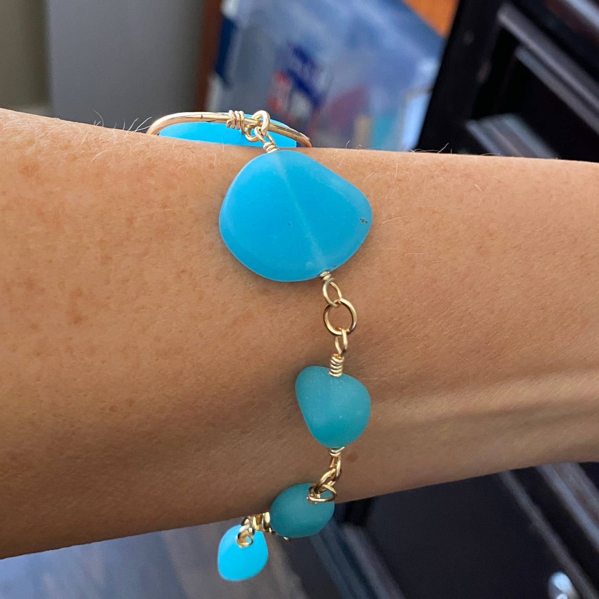 Gold Hammered Frame Bracelet Blue Frosted Glass Matte