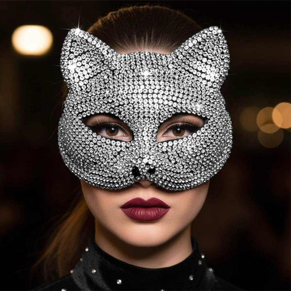 Bling Crystal Studded Cat Costume Party Mask