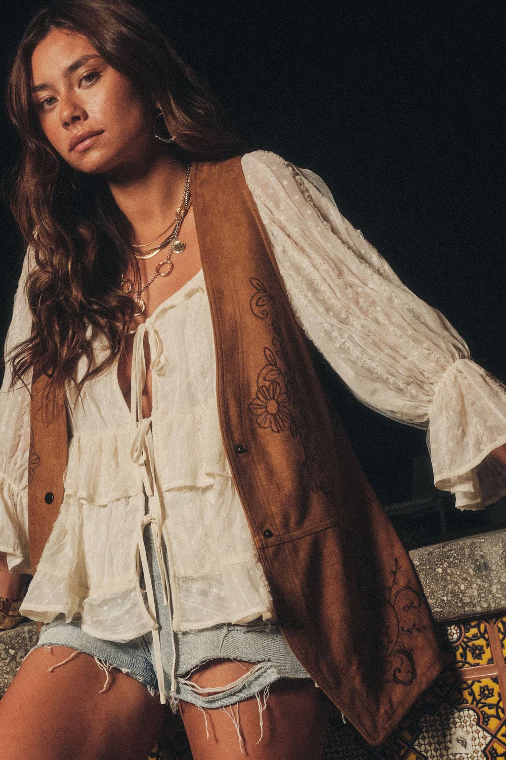Floral-Embroidered Faux Suede Snap-Front Vest