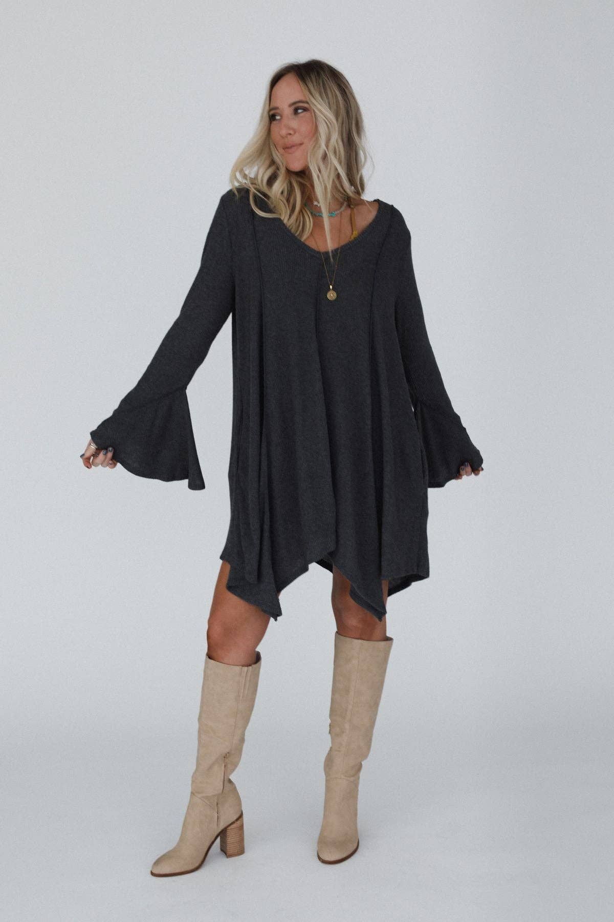 Golden Hour Long Bell Sleeve Tunic Dress - Charcoal: