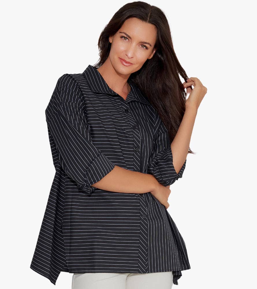 Women's Oversized Stripe Button-Front Top Attitude Shirt: L/XL / BLACK YARN DYE STRIPE