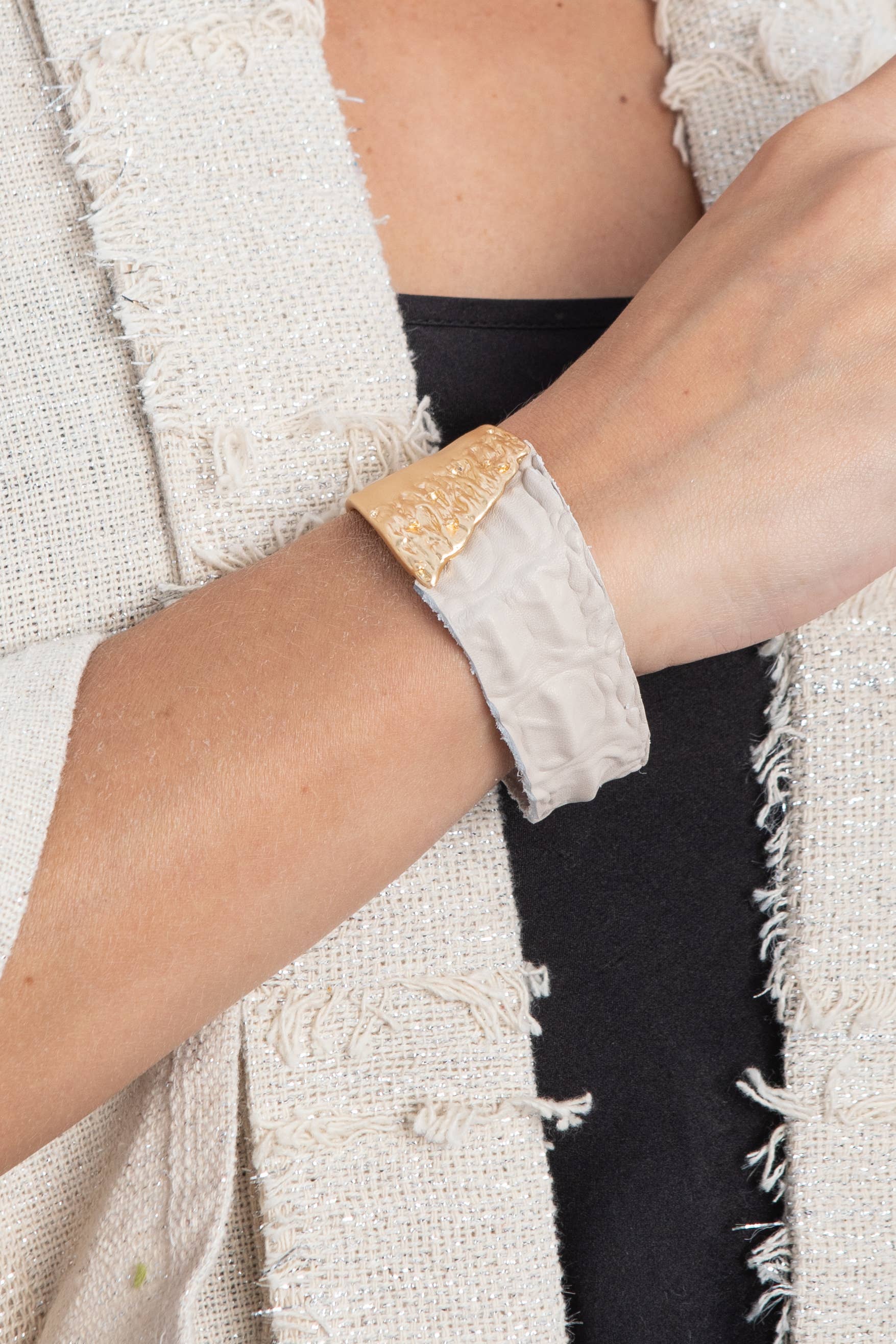 Wild Ways Metal Leather Bracelet: Cream