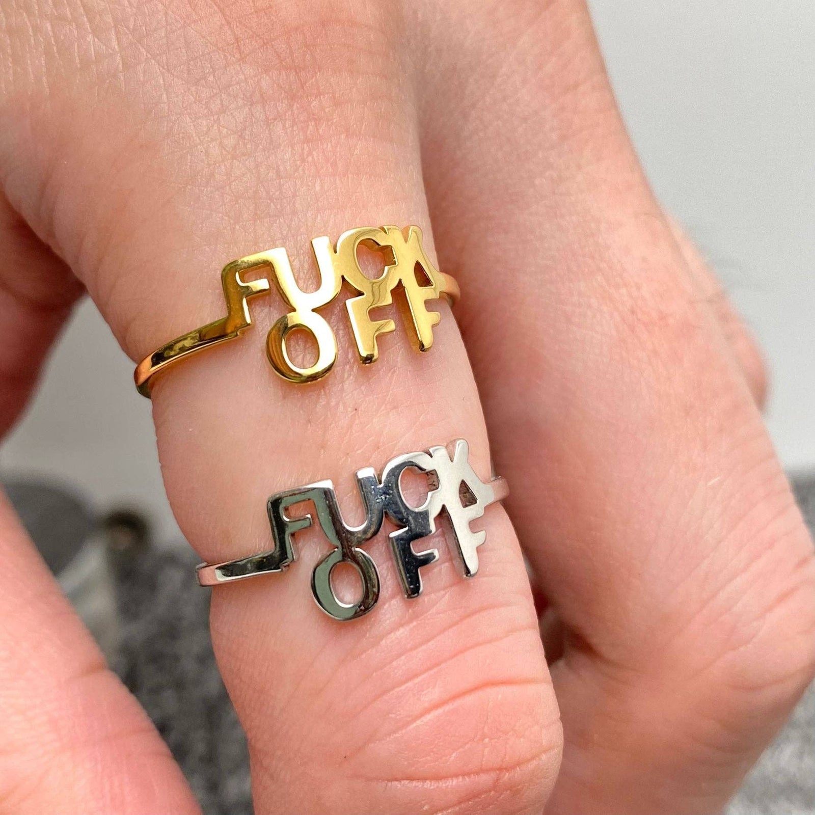 Gold Plated Stainless Steel 'FUCK OFF' Adjustable Ring