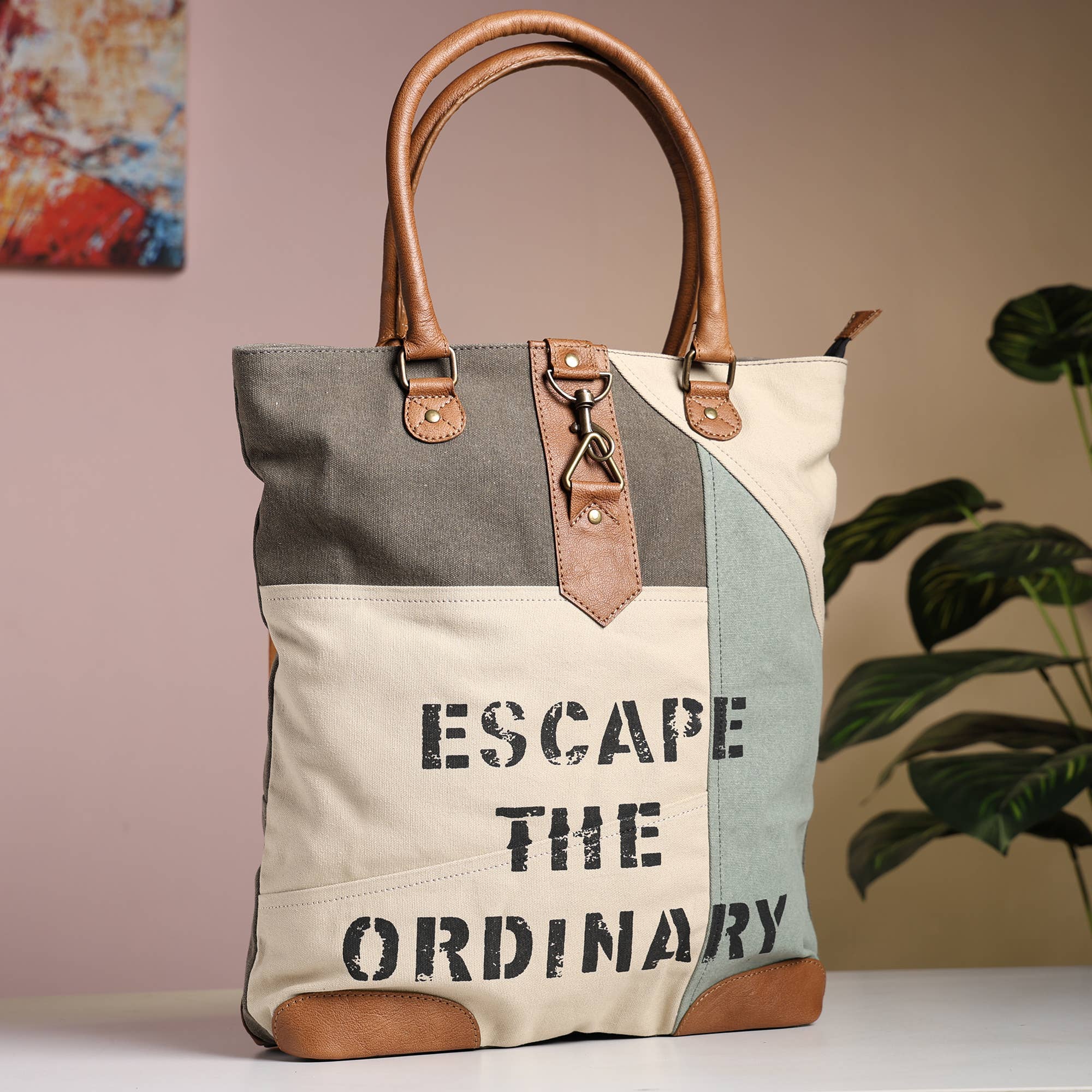 Escape The Ordinary Canvas Tote, (ORIGINAL LEATHER)